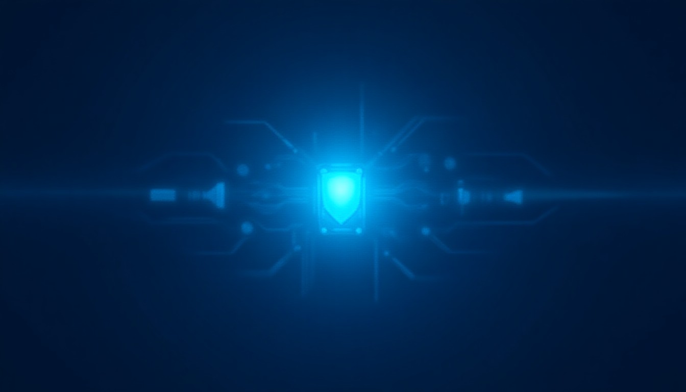 An abstract circuit pattern merging with robotic arms and a shield symbol, representing chips, robotics and security