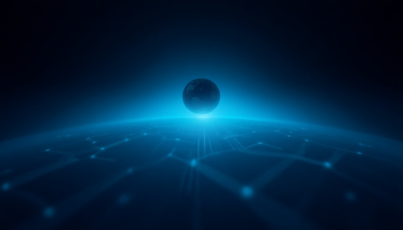 Abstract glowing circuit pathways converging toward a dark orbital sphere above a stylized Earth horizon