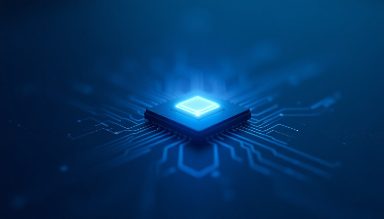 Glowing microchip on a dark circuit board with soft blue and amber light trails