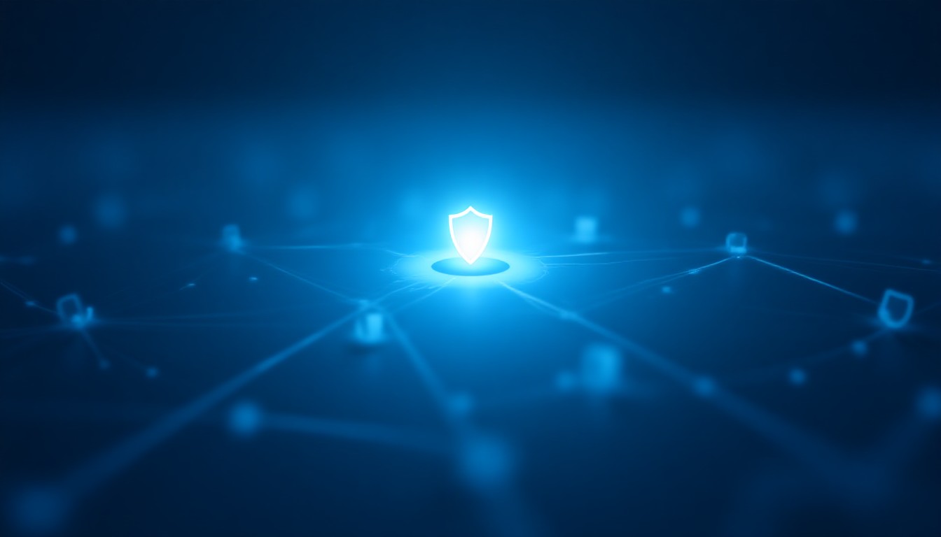 Abstract network nodes merging into a single glowing core with shield and device silhouettes orbiting