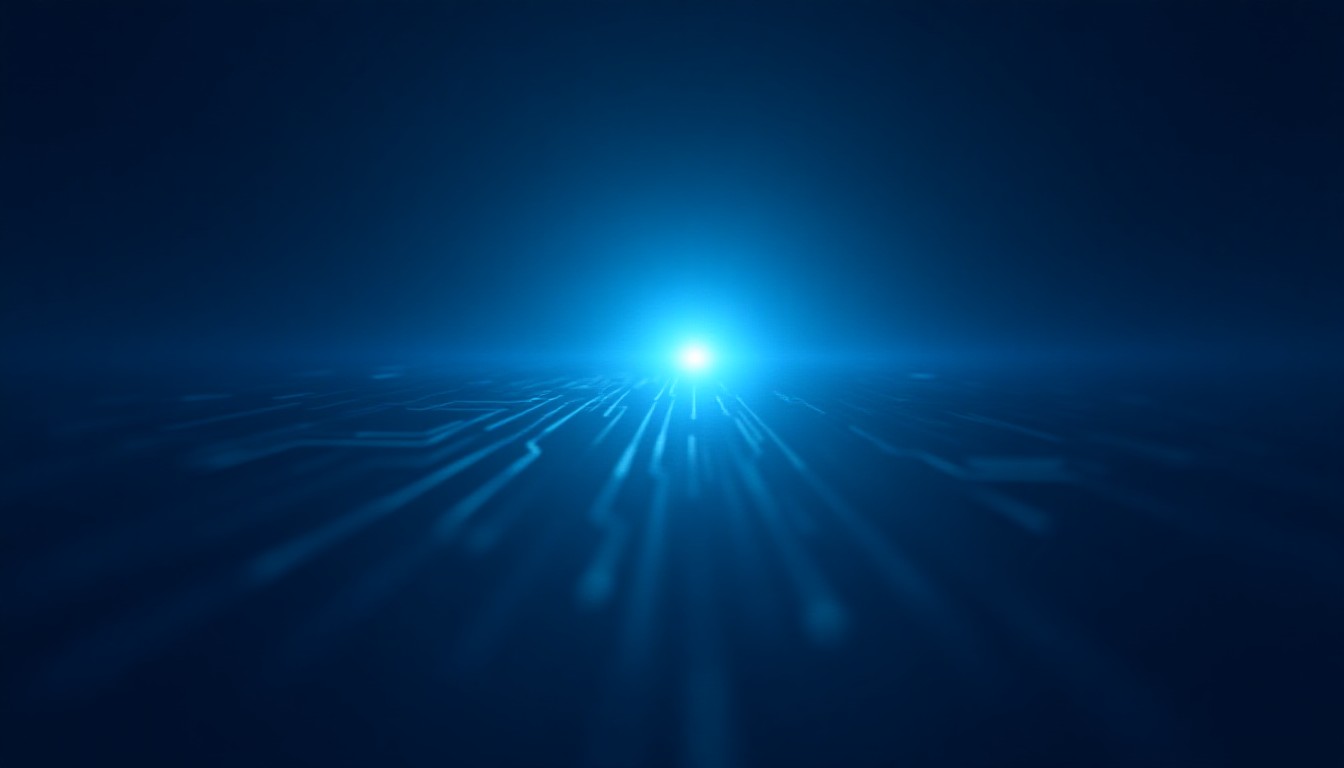 abstract circuit pathways converging on a central processor glow