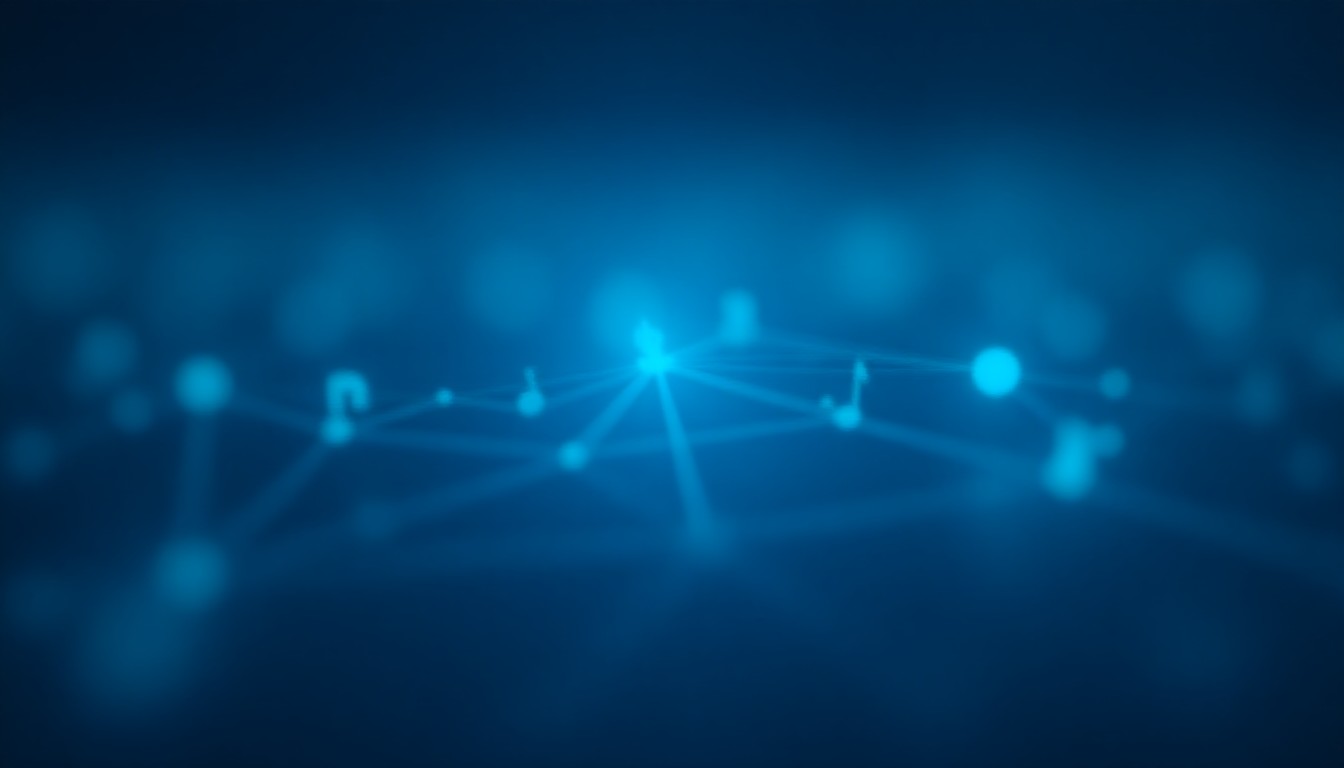 abstract network of glowing data nodes intersecting with musical notes and currency symbols