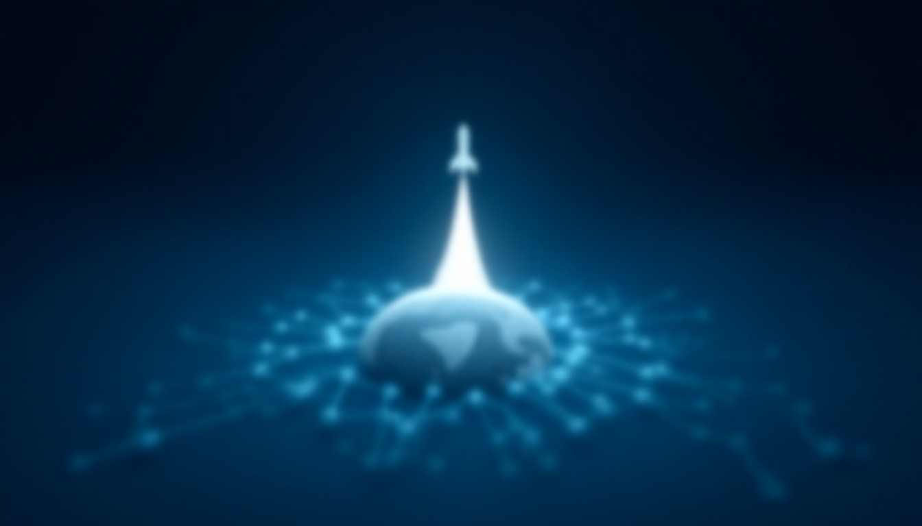 Rocket plume over stylized globe with neural network patterns