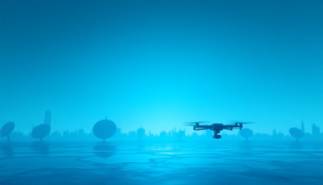 Futuristic city skyline with satellite dishes and a drone hovering over ice