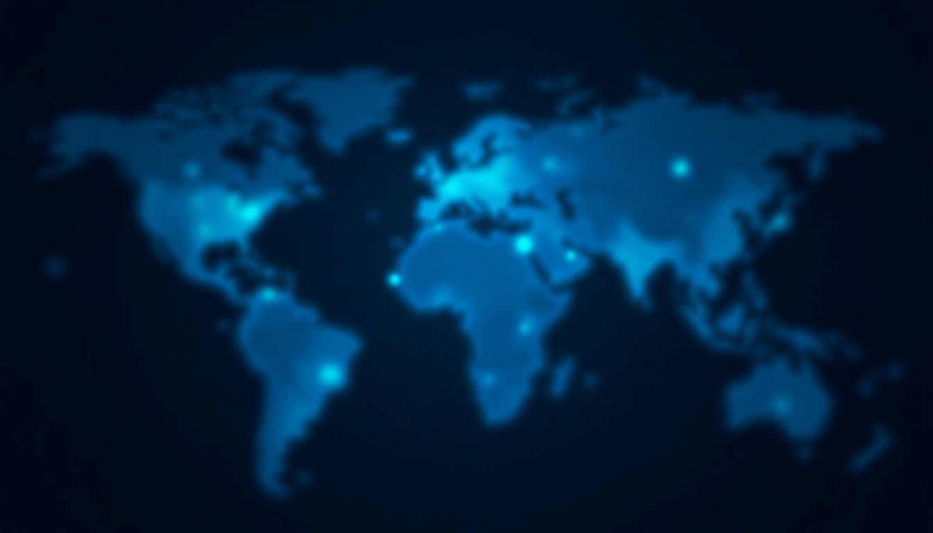 abstract network of glowing data nodes and AI symbols over a stylized world map