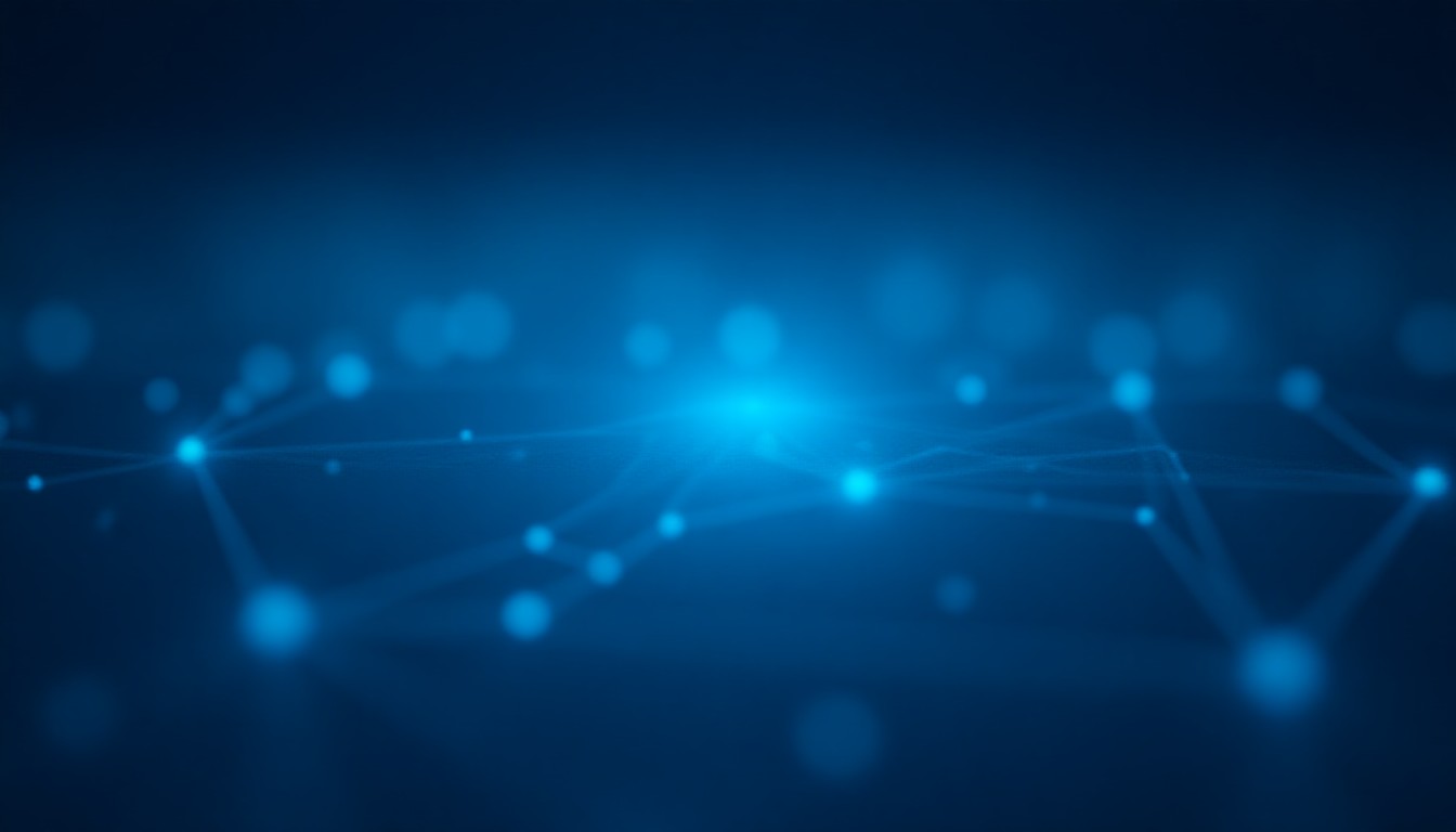 Abstract digital network of glowing nodes intersecting with satellite silhouettes and floating platform outlines