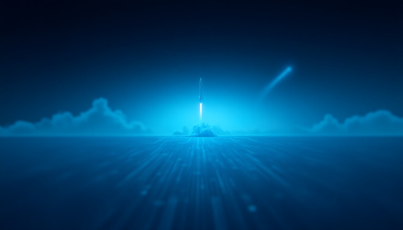Dynamic circuitry merging with soaring rockets against a digital horizon