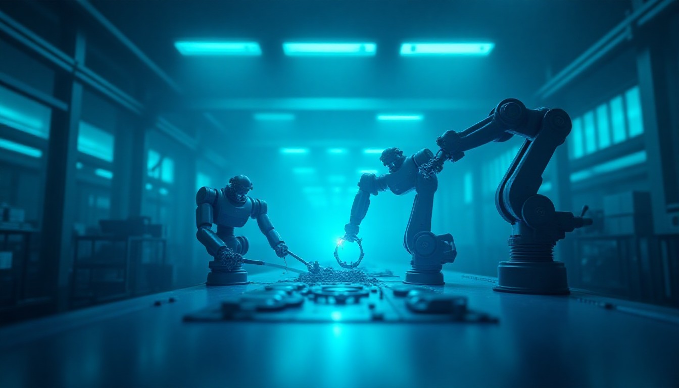 Industrial robots assembling parts on a futuristic factory floor