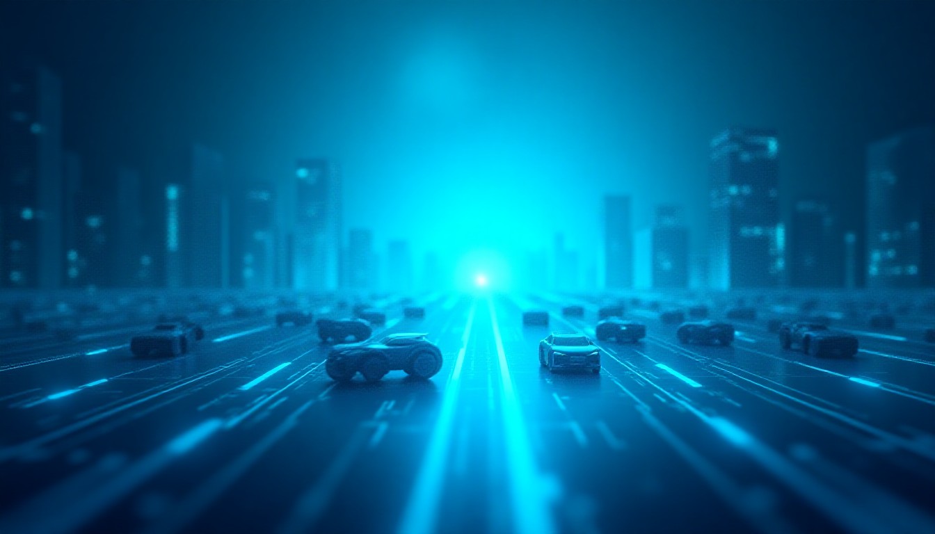 Abstract cityscape with robotic vehicles and digital overlays