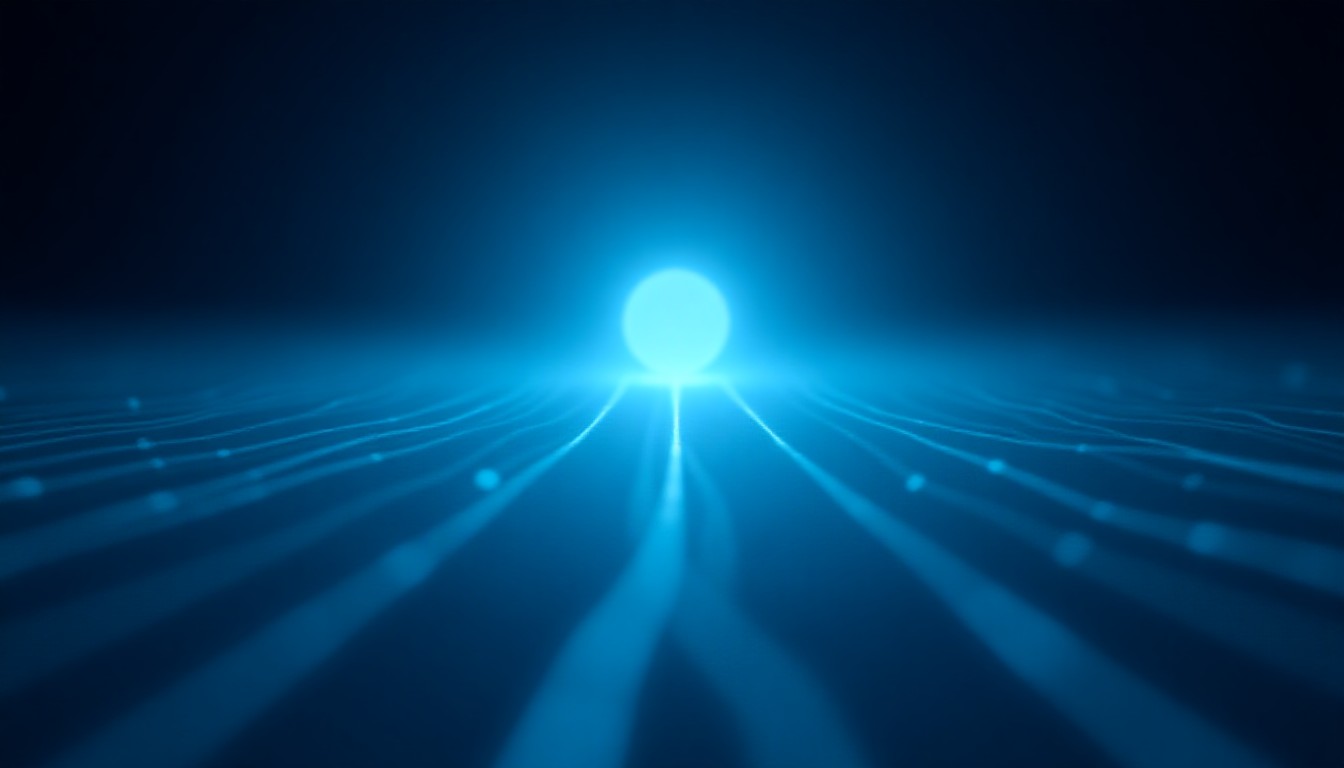Abstract glowing circuit pathways converging toward a bright orbital sphere above a dark horizon