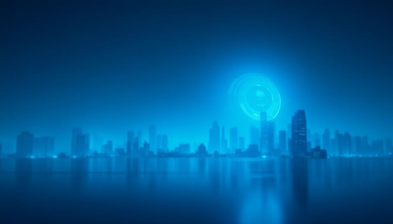 Orbiting satellite, robot arm, and digital shield over city skyline.
