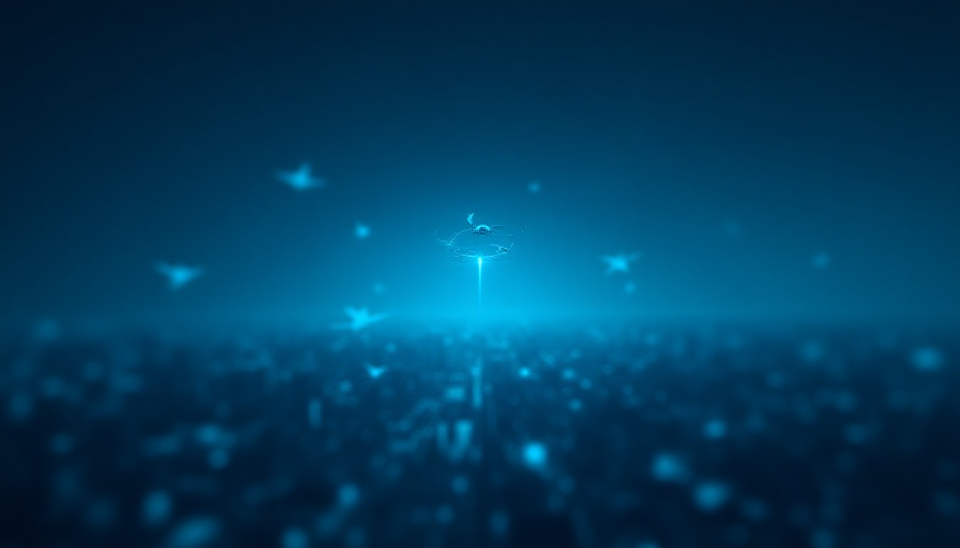 Abstract orbiting satellites and drones over a digital cityscape