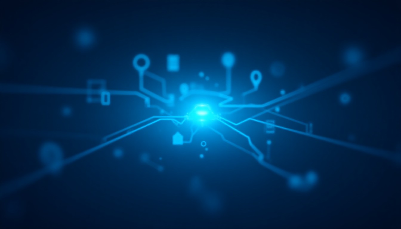 Abstract representation of data flowing into a central AI core surrounded by energy symbols and home devices