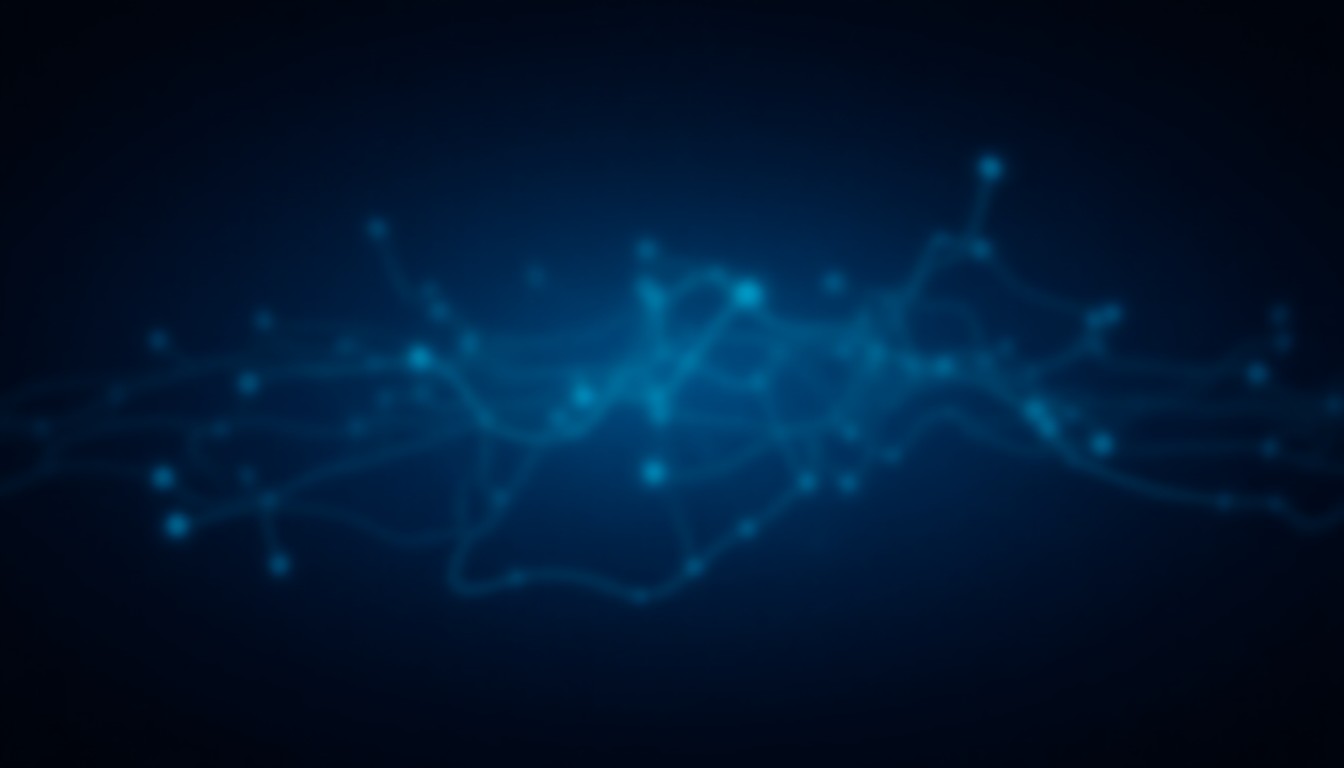 Abstract network of glowing circuitry and floating data streams over a dark backdrop