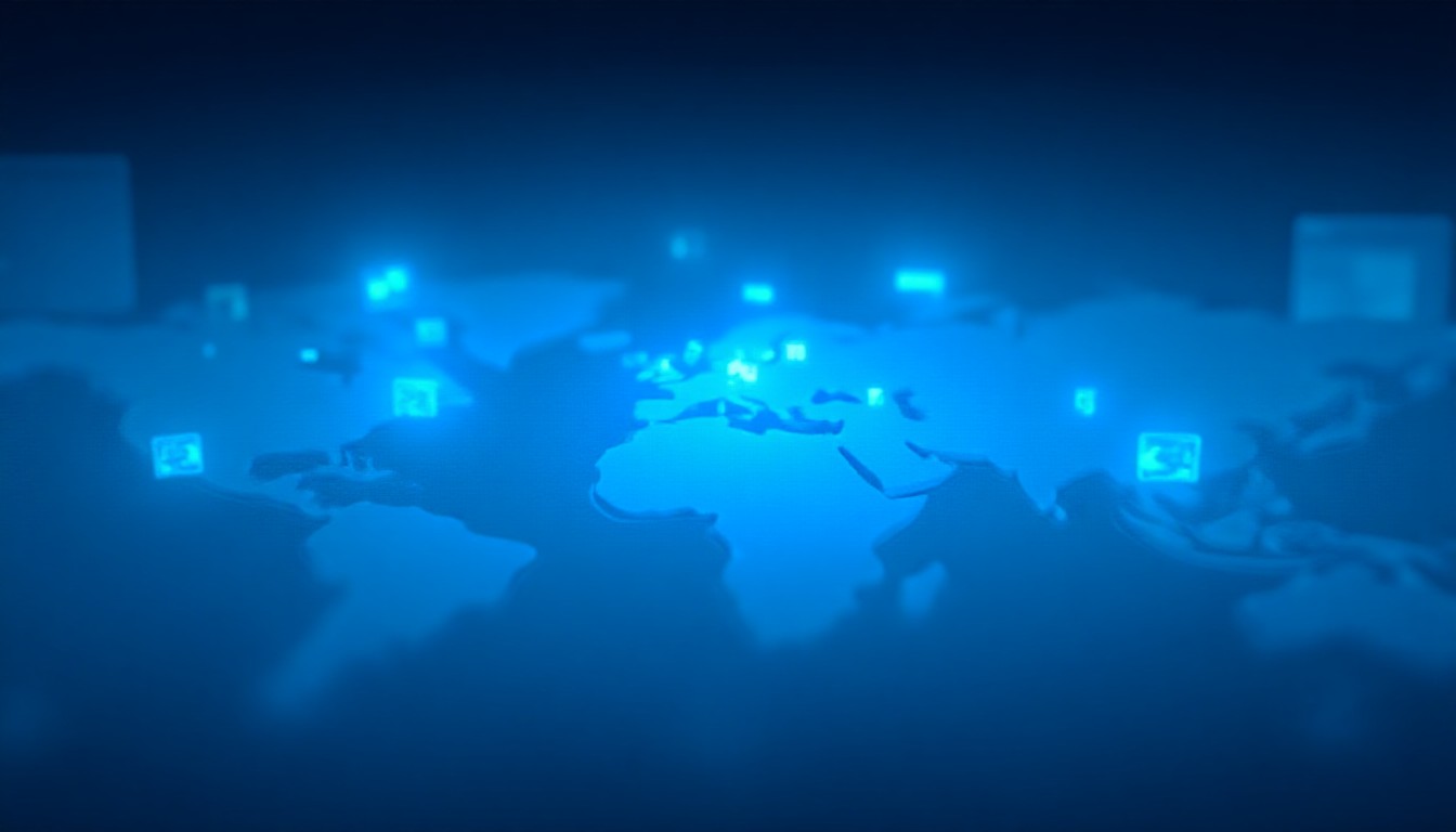 A stylized collage of glowing screens and satellite trajectories
