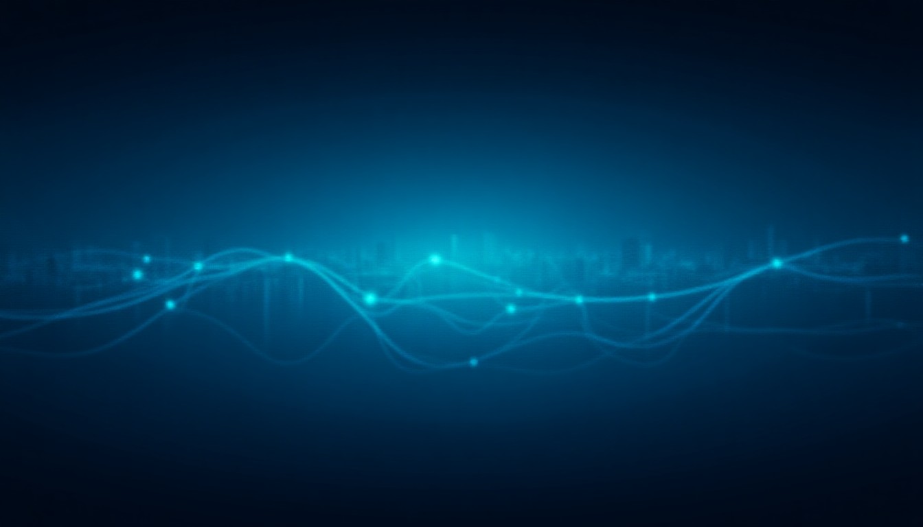 Abstract digital circuit lines swirling over a city skyline