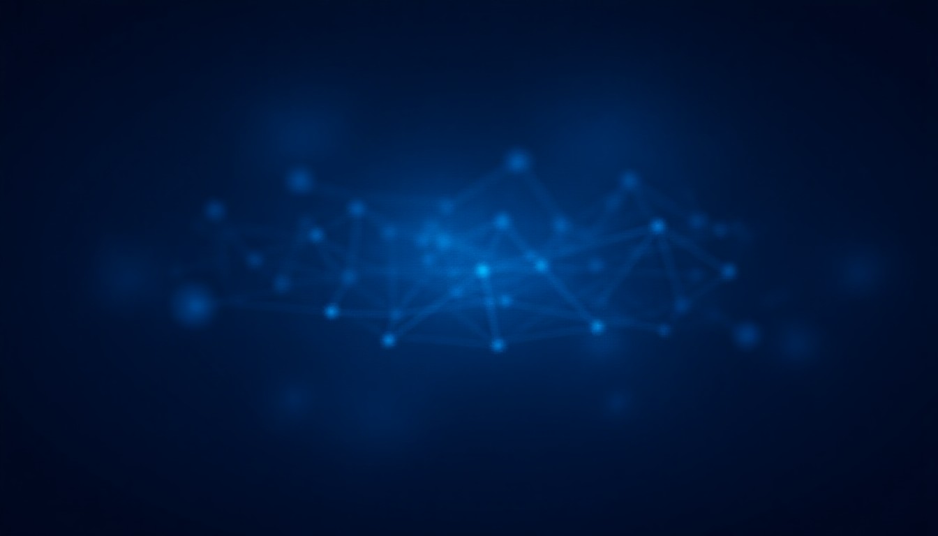An abstract circuit pattern blending quantum bits, AI neural nodes, and wireless signals in dark blue and silver tones