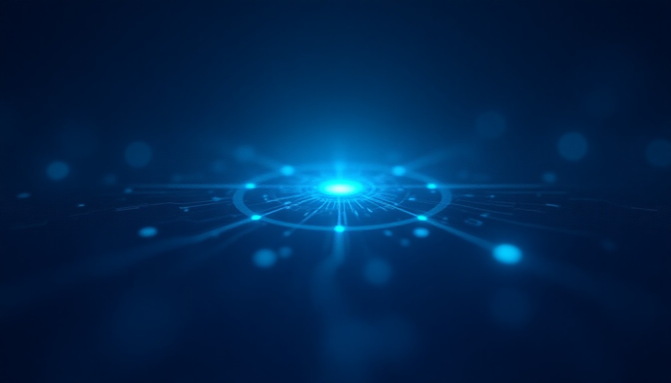 An abstract circuit board glowing with blue and gold light, showing interconnected nodes and quantum-like patterns