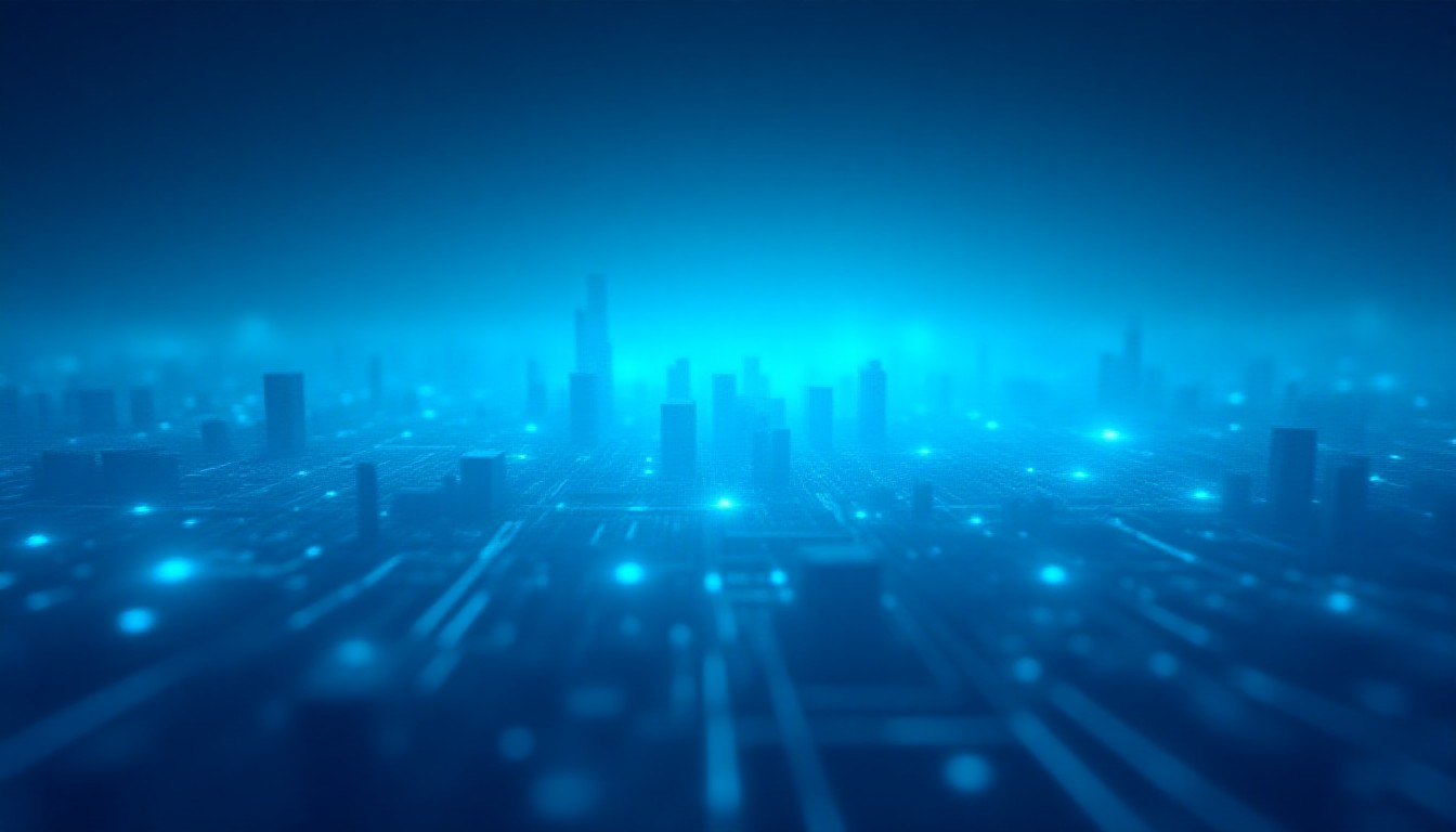 abstract network of glowing circuits intertwining with city skyline silhouettes