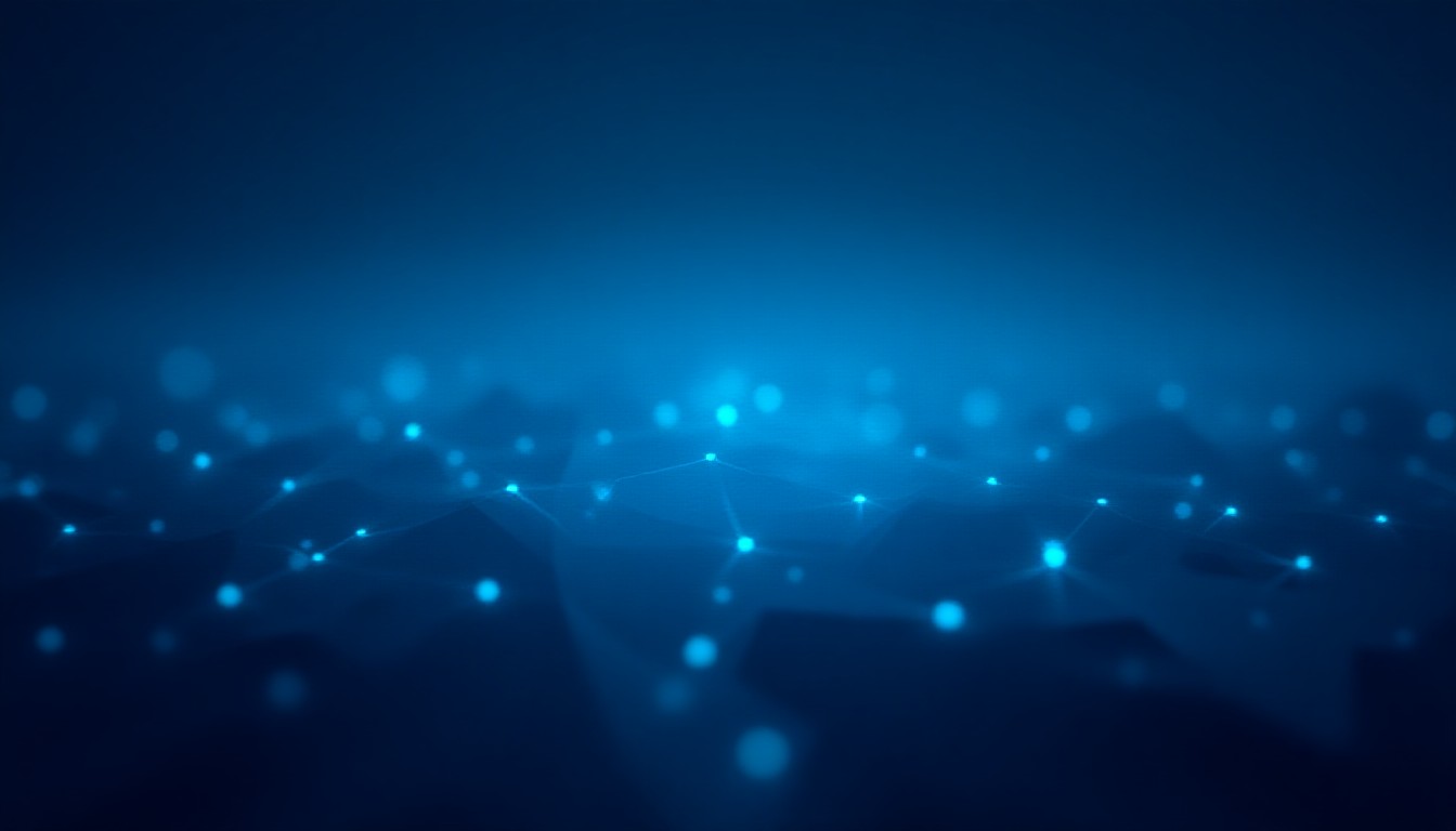 Abstract network of satellites and data centres glowing against dark geometric terrain