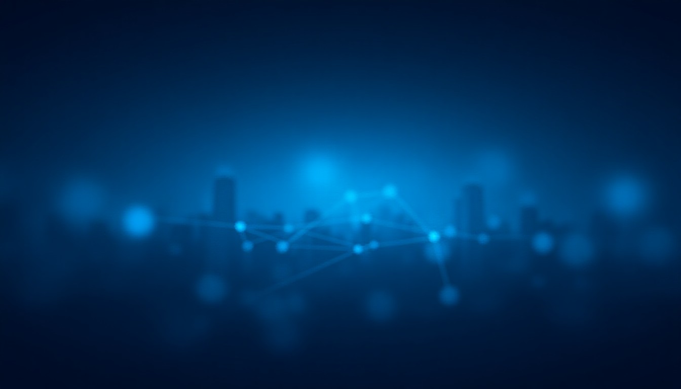 abstract network of glowing circuits and cloud icons over a city skyline